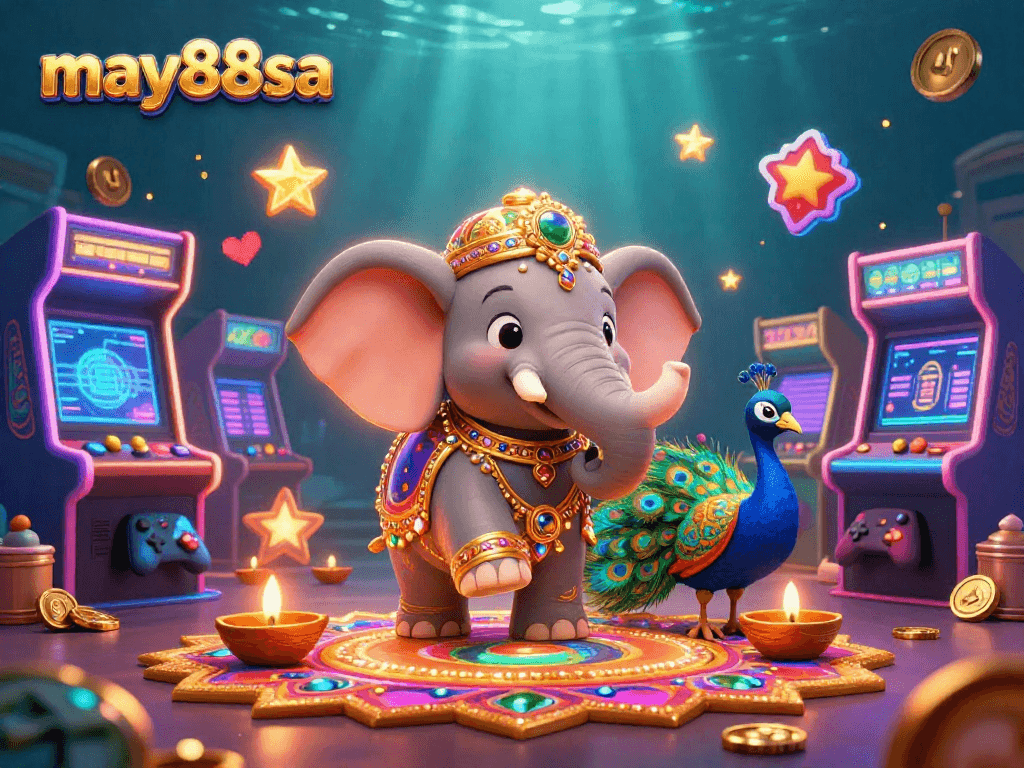 Experience the vibrant allure of may88sa with a 3D illustration combining iconic casino elements and festive themes.