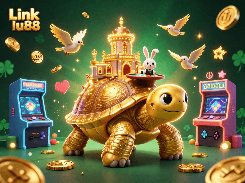 Play games and win with Link lu88 at this vibrant online casino illustration.