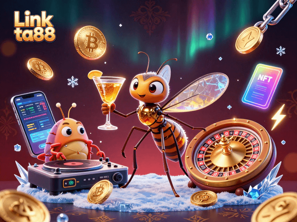 Engage with Link ta88 in this vibrant casino scene featuring animated characters and dazzling lights.