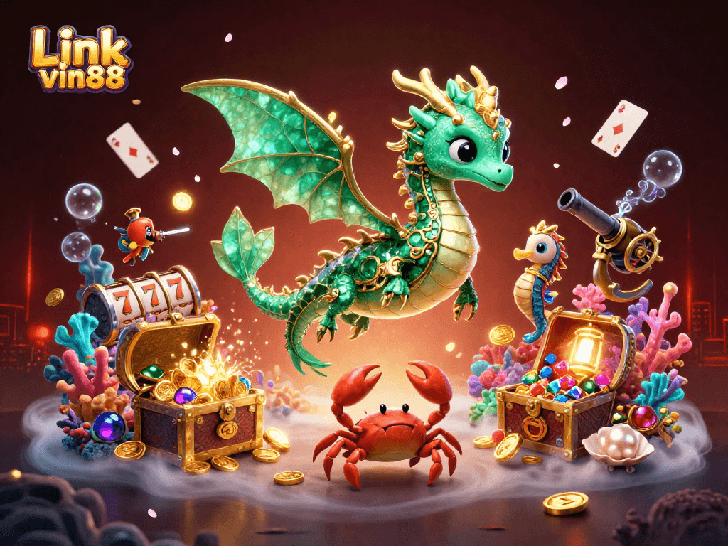 Engage with the thrilling Link vin88 experience, featuring a vibrant underwater scene with a sea dragon and treasure.