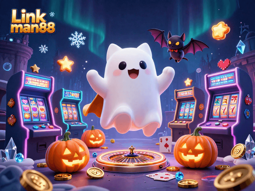 Engage in thrilling gaming at Link man88, featuring vibrant characters in an energetic casino setting.