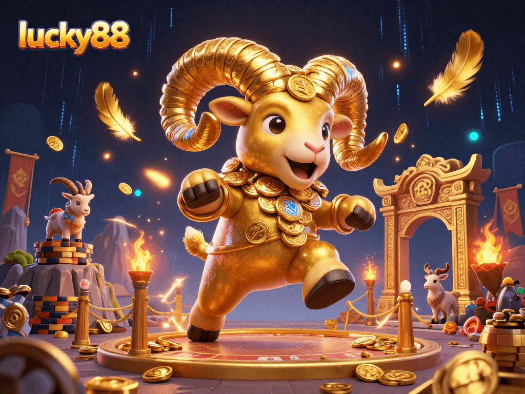 Experience exciting gameplay at lucky88 with a colorful 3D scene featuring a golden ram charging at a casino.