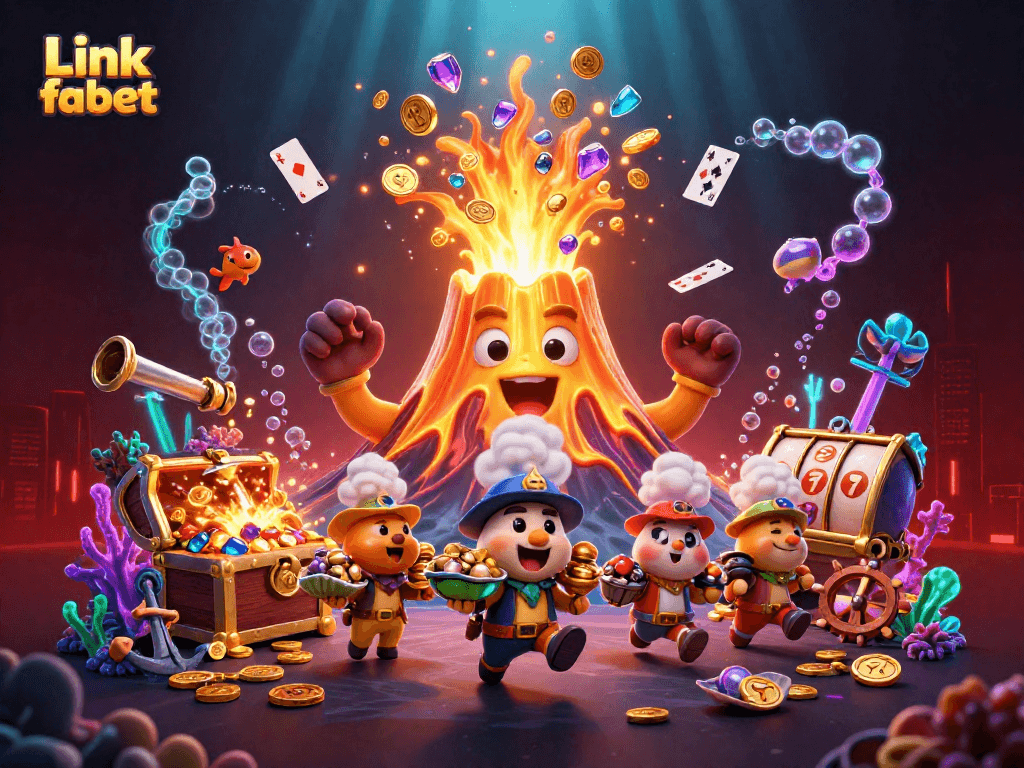 Experience thrills with Link fabet's golden volcano jackpot illustration, packed with treasure!
