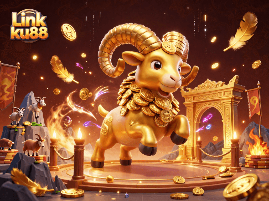 Link ku88 showcases a golden ram charging through a casino arena amidst vibrant betting elements.