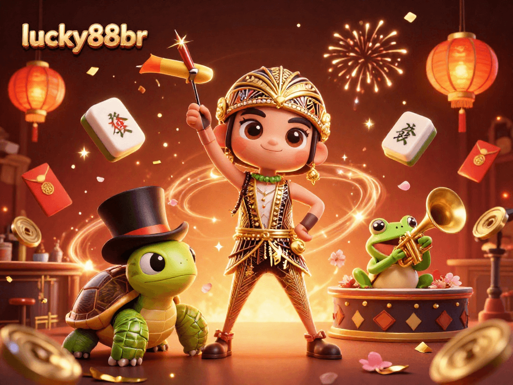 Engage with lucky88br at a vibrant casino scene with whimsical characters celebrating gaming wins.