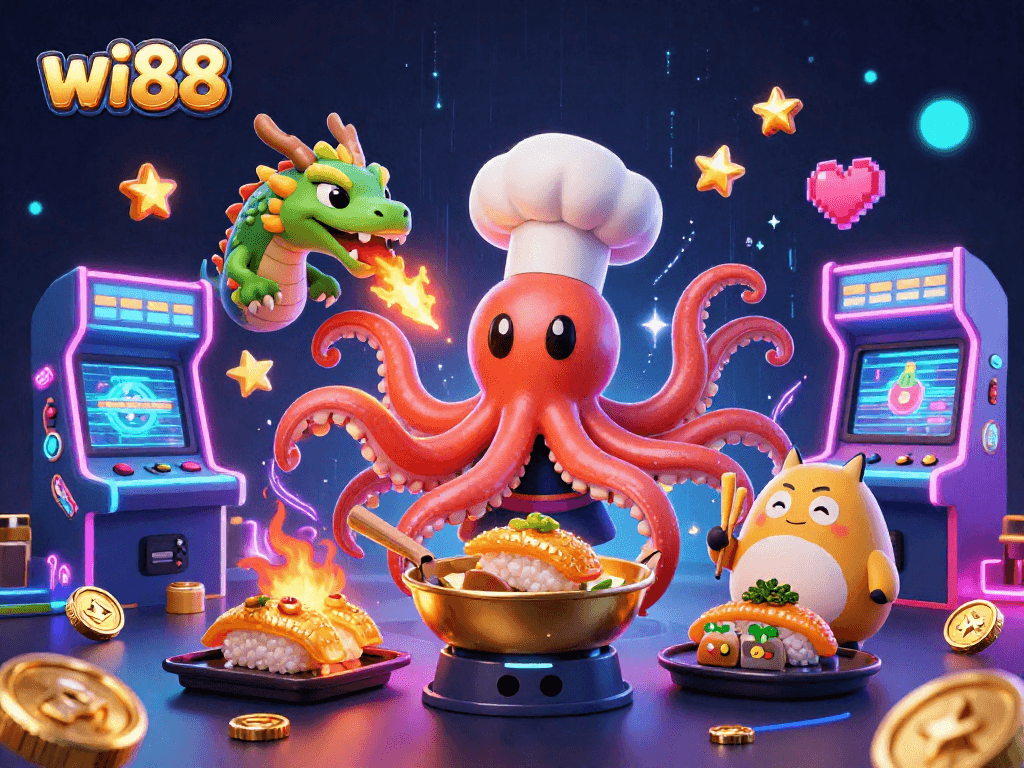 Experience thrilling gameplay with wi88 through an exciting 3D casino scene featuring vibrant characters and games.