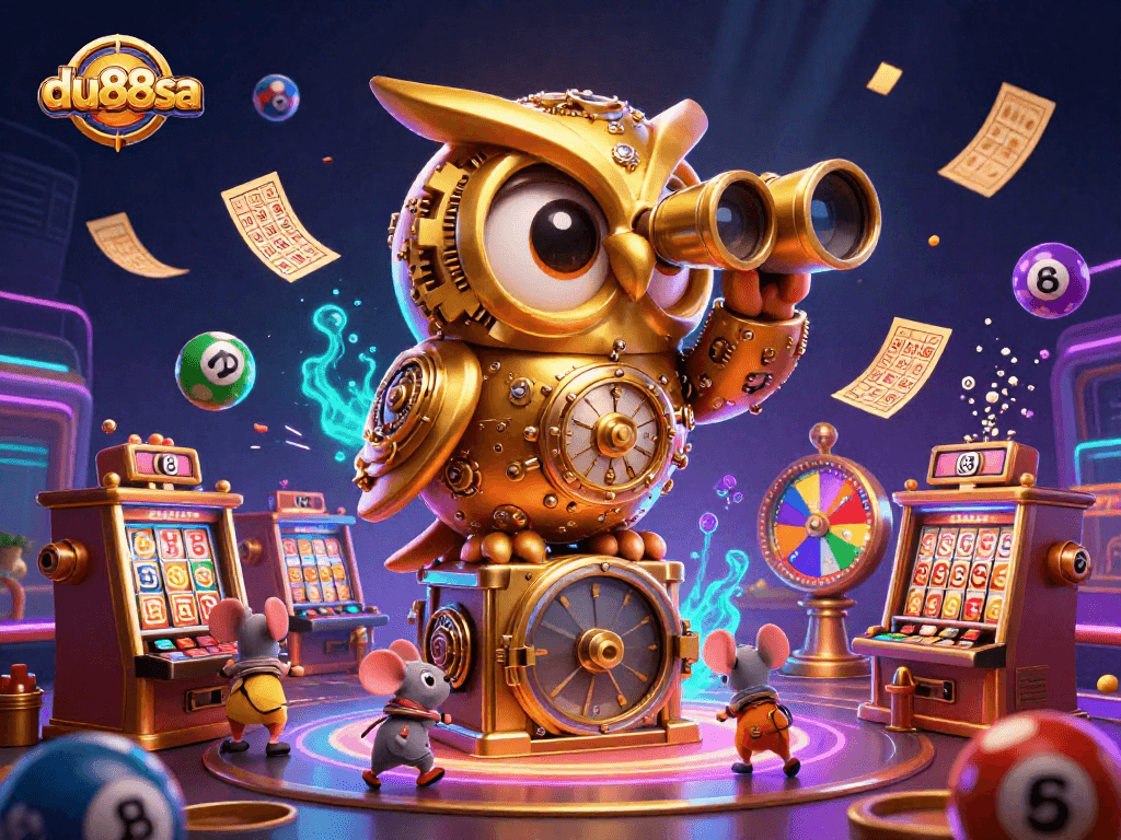 Experience thrilling moments at du88sa casino with a vibrant scene of a golden owl and animated lottery elements.