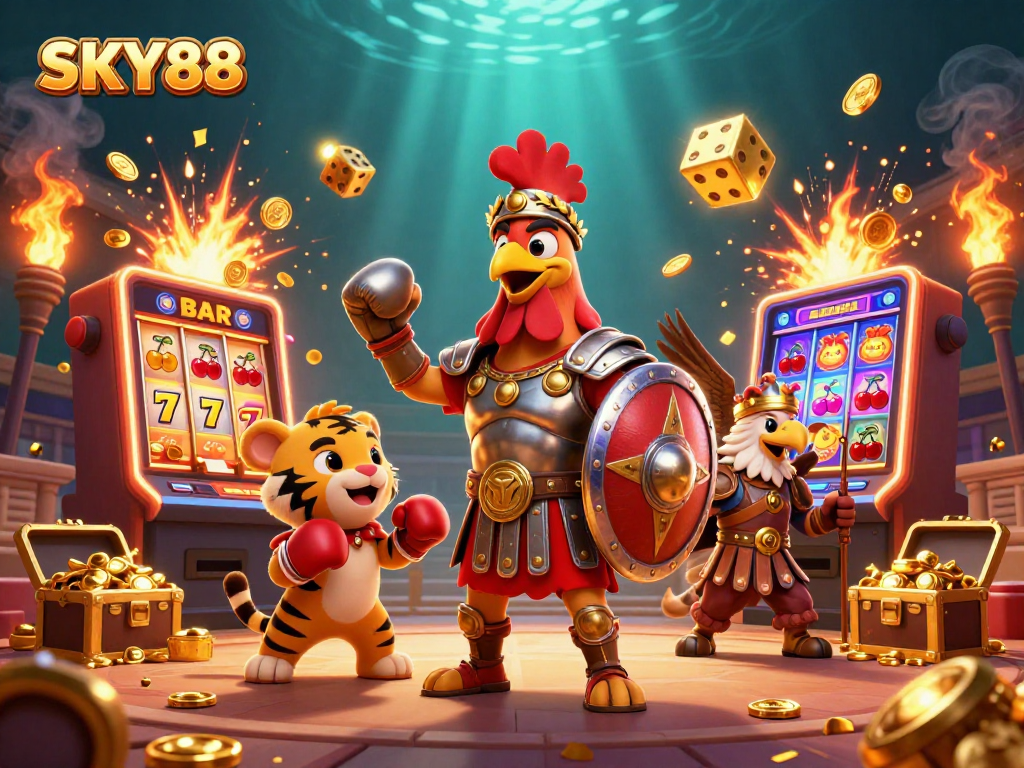 Experience the thrilling world of SKY88 with a vibrant 3D casino scene showcasing action-packed gambling elements.