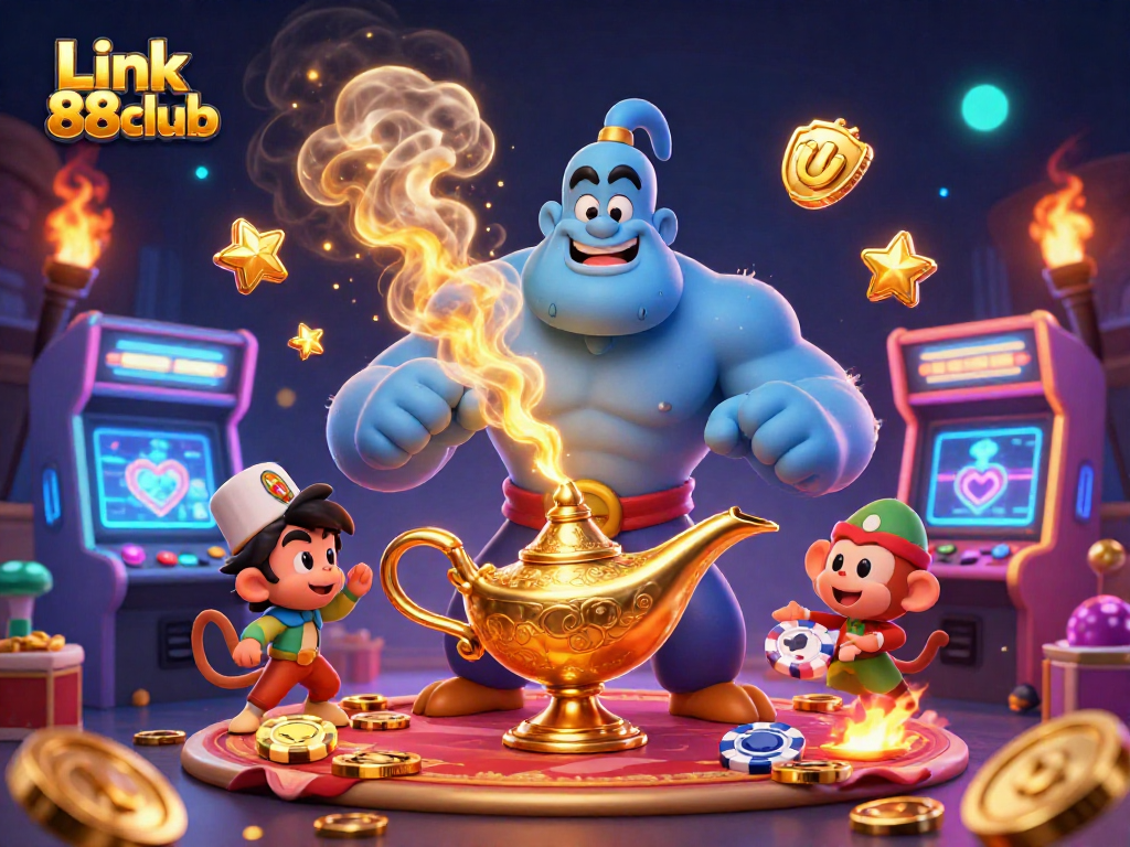 Experience the magic of Link 88club with a dynamic casino scene featuring a genie, monkey, and vibrant game elements.