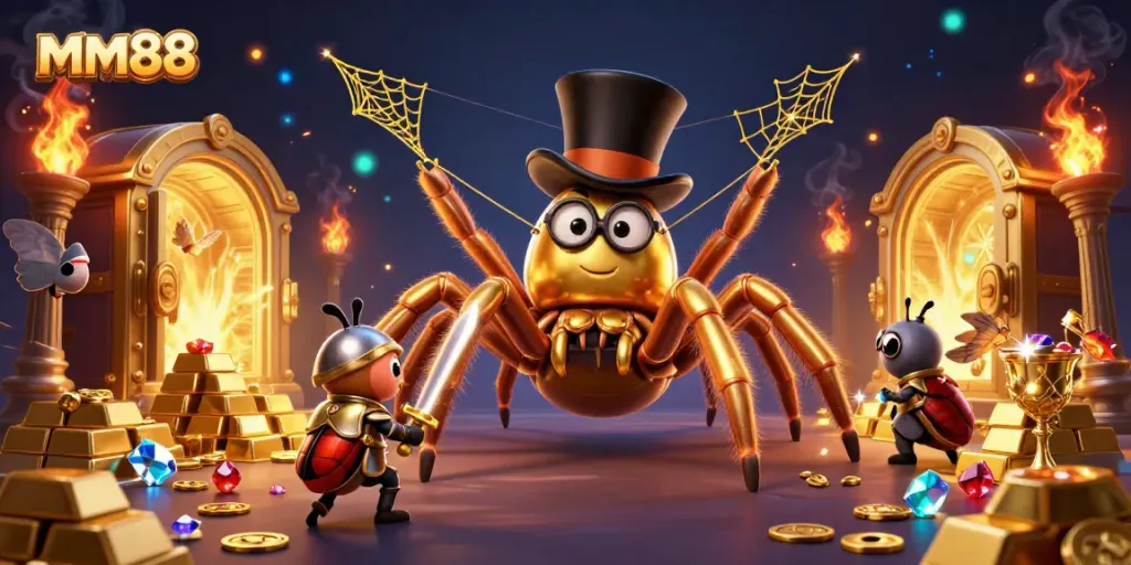 Experience exciting gameplay at mm88 with a vibrant casino illustration featuring treasure and characters.