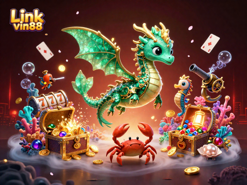 Engage with the thrilling Link vin88 experience, featuring a vibrant underwater scene with a sea dragon and treasure.