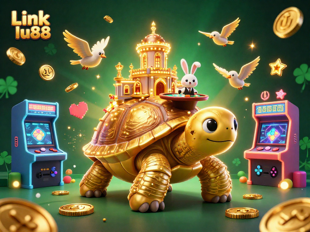Play games and win with Link lu88 at this vibrant online casino illustration.