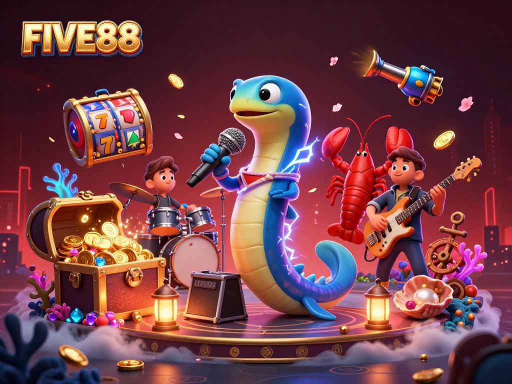 Witness the lively FIVE88 underwater casino scene with vibrant characters and games.