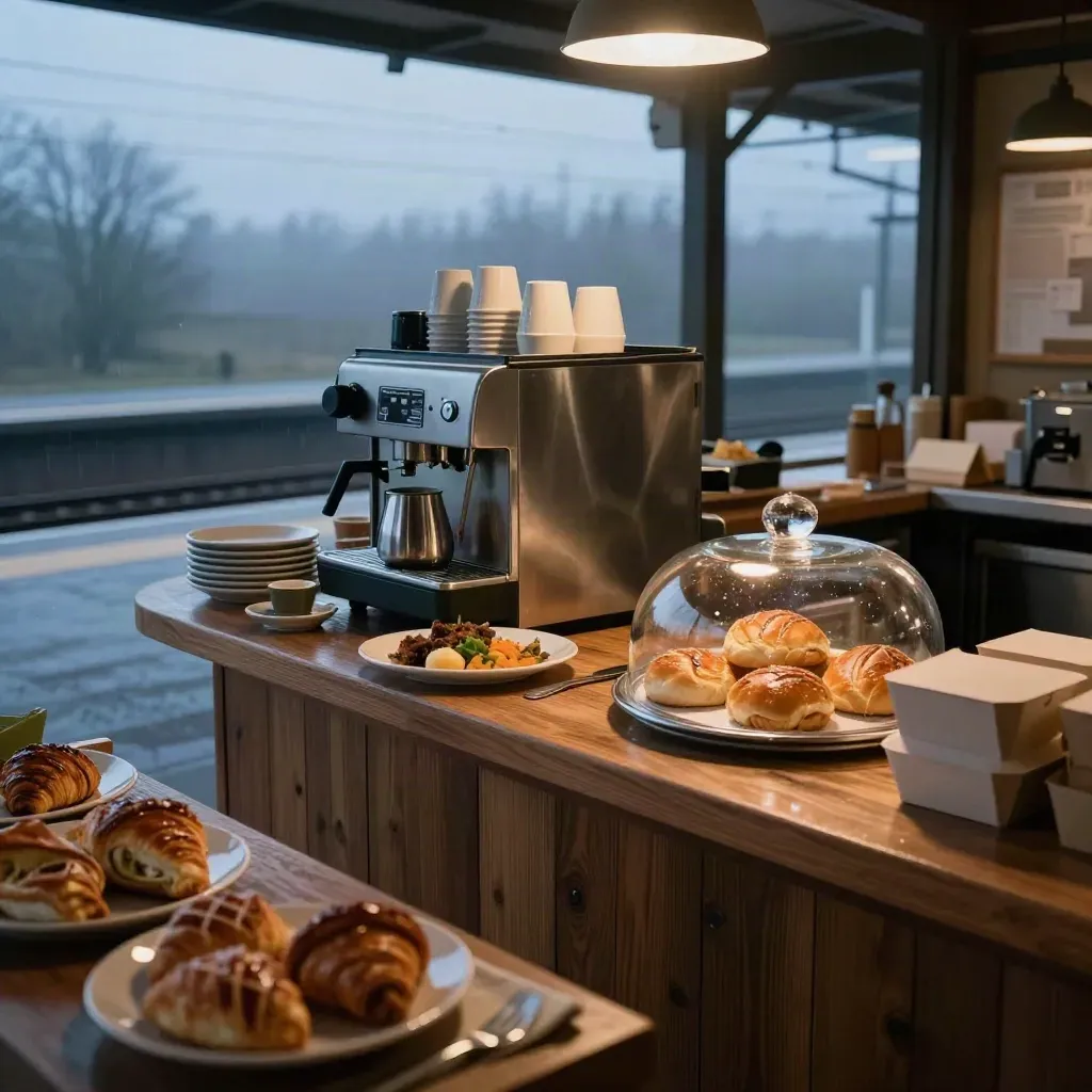 Stationsnära lunchdisk med kaffe, bullar, takeaway-lådor och vintermorgon utanför glaset.