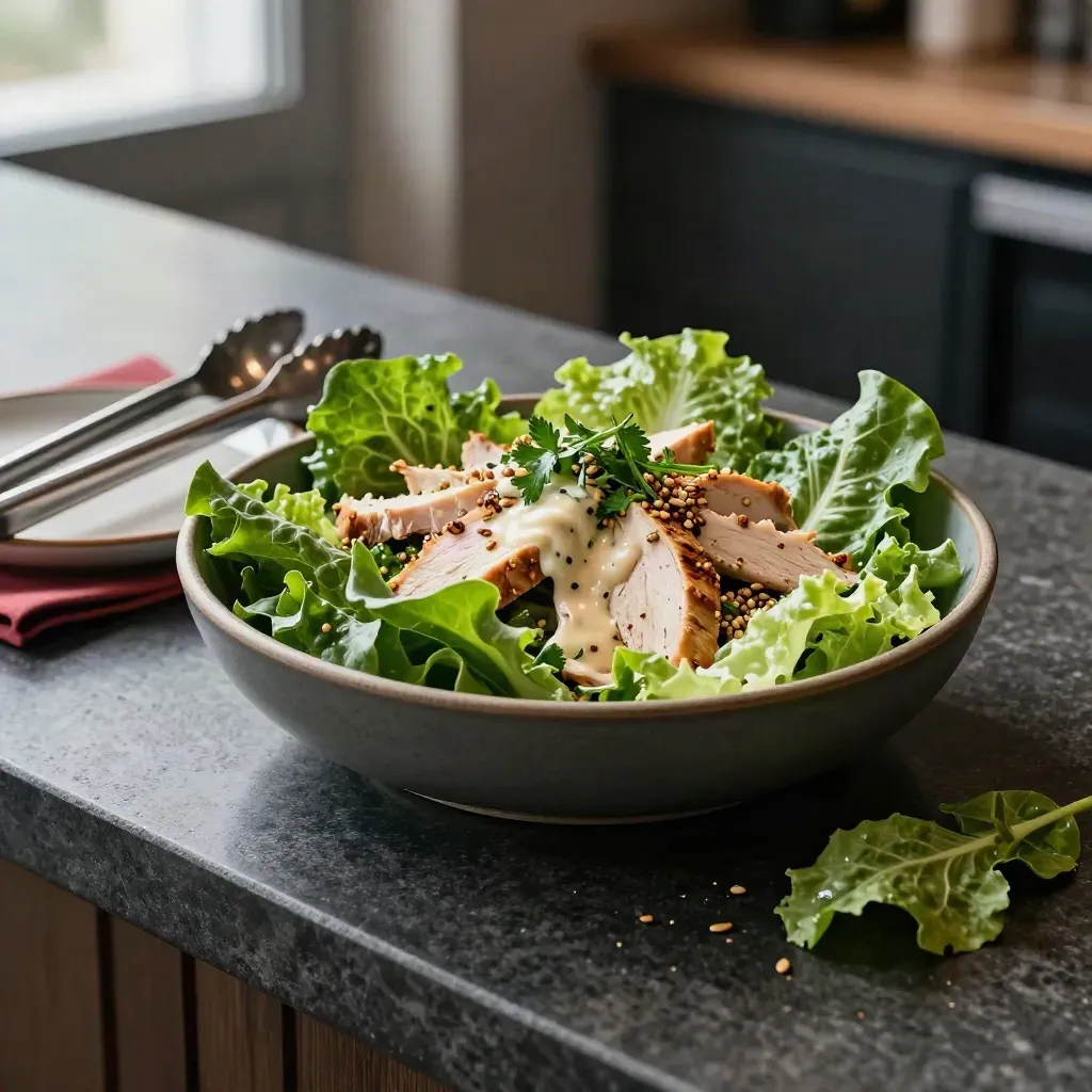 Grön sallad med kyckling, frön och dressing i djup skål på mörk sten.