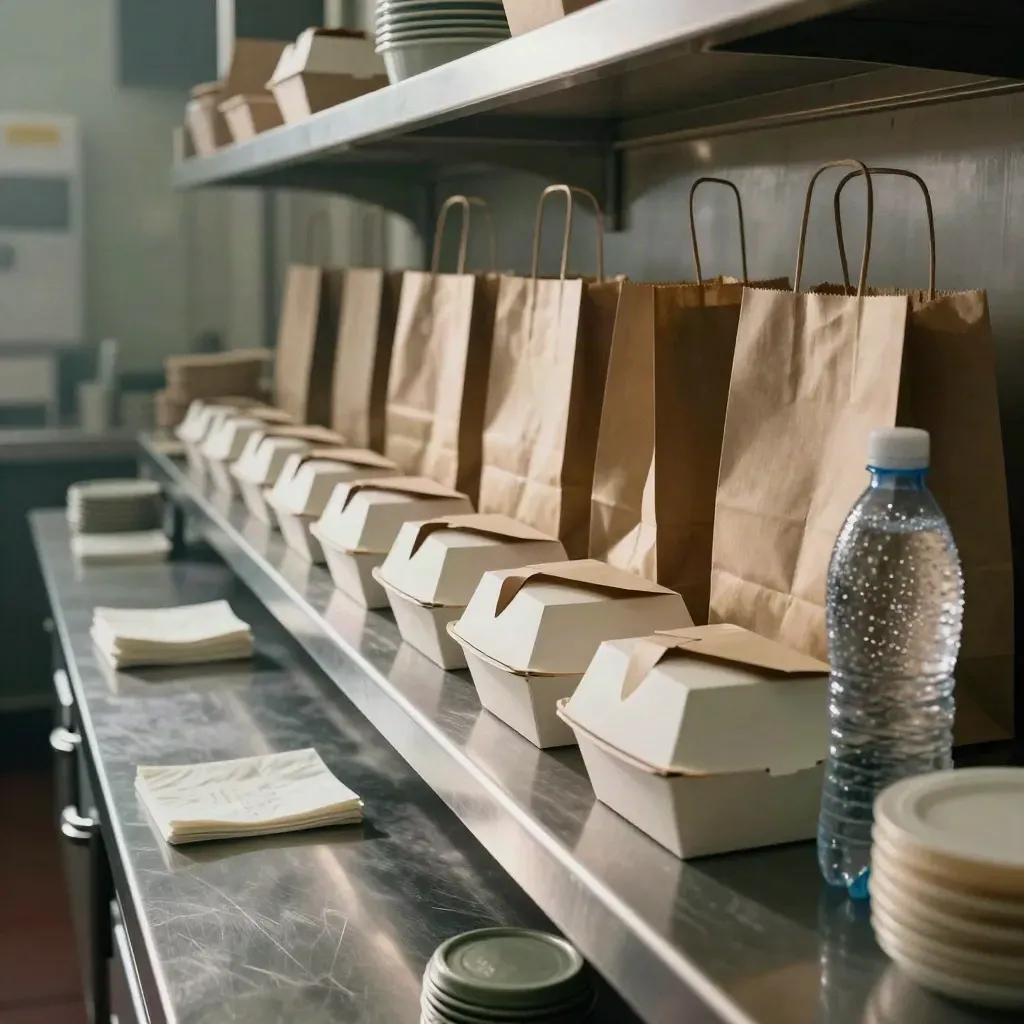 Takeawaylådor, papperspåsar och vattenflaska på rostfri hylla i dämpat ljus.