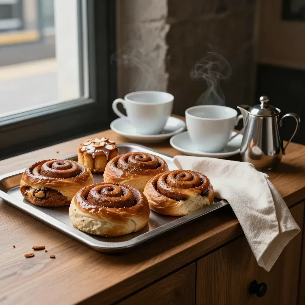 Kanelbullar, småkakor och koppar på en serveringsbänk i väntan på fika till kundmöte.
