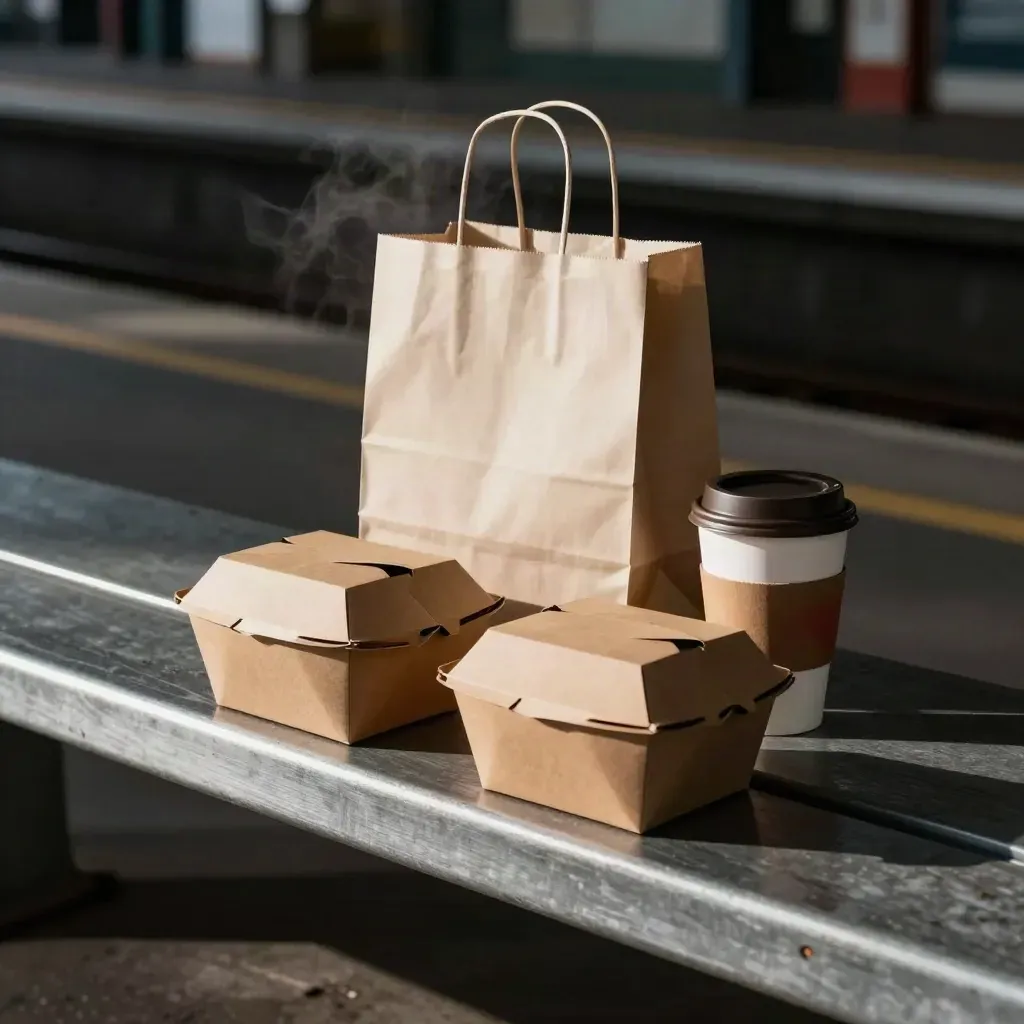 Två takeaway-lådor, papperspåse och kaffekopp på en stationsbänk i dramatisk belysning.