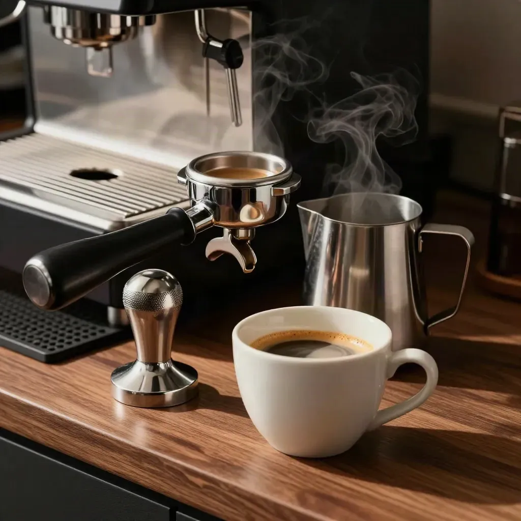 Espressotillbehör i dramatiskt ljus på en varm träbänk: portafilter, tamper, kanna och kopp med crema.