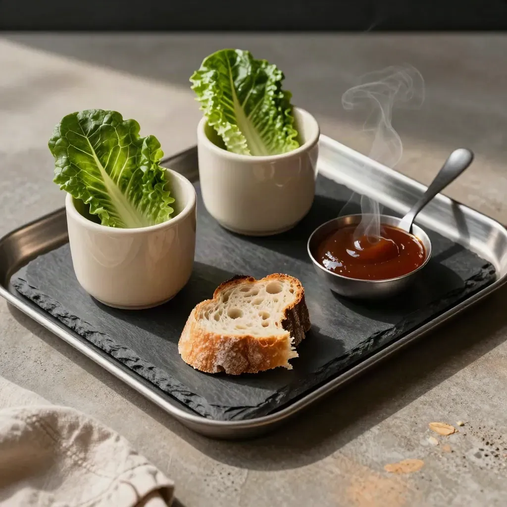 Tre smakprover på en servicebricka med sallad, bröd och varm sås, ovanifrån