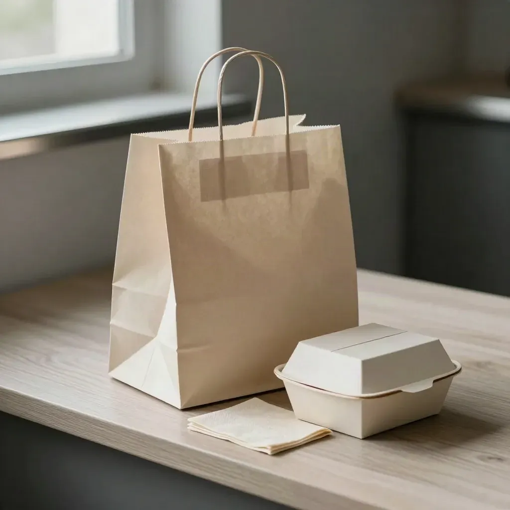 Kraftpåse med lunchlådor på ljus träyta i mjukt ljus