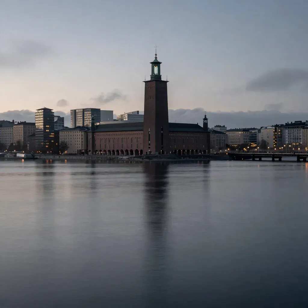 Stockholms stadshus silhuett över lugnt mörkt vatten i blå timme och dimma