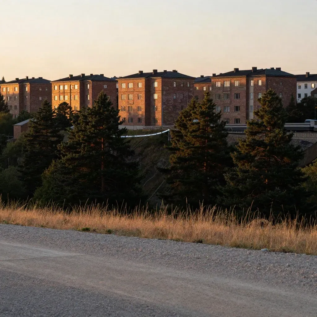 Solnedgång över Söderorts tegelhus, tallar och tågspår i varm kvällsdimma.