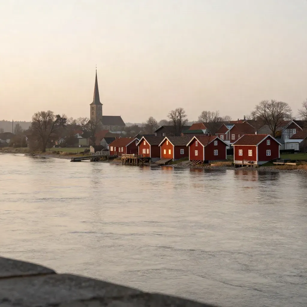 Mälarlandskap i kvällsdimma med kyrktorn och röda träbyggnader över lugnt vatten.