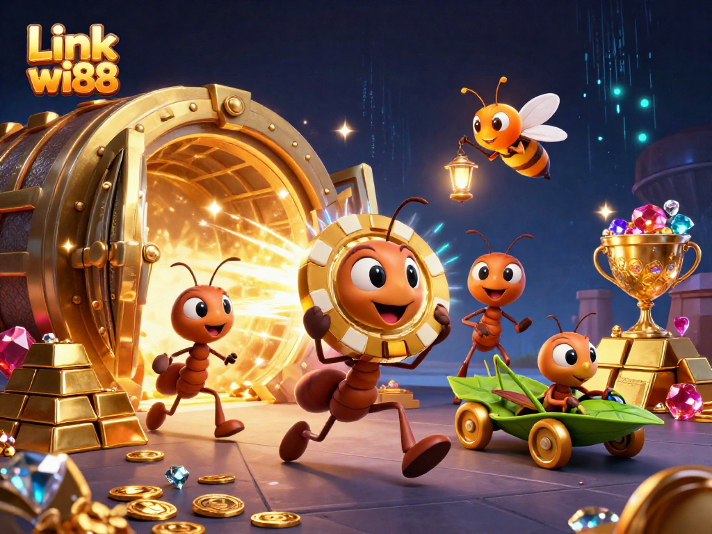 Experience the thrill of Link wi88 as cartoon ants steal a giant poker chip in a vibrant casino heist scene.