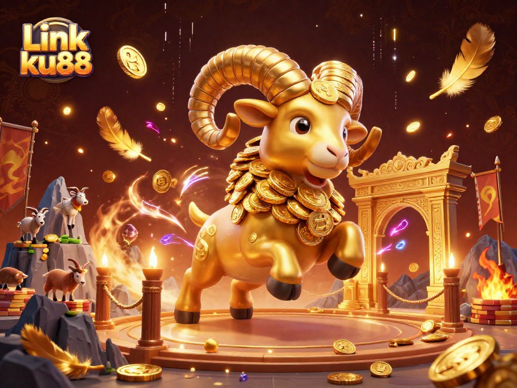 Link ku88 showcases a golden ram charging through a casino arena amidst vibrant betting elements.