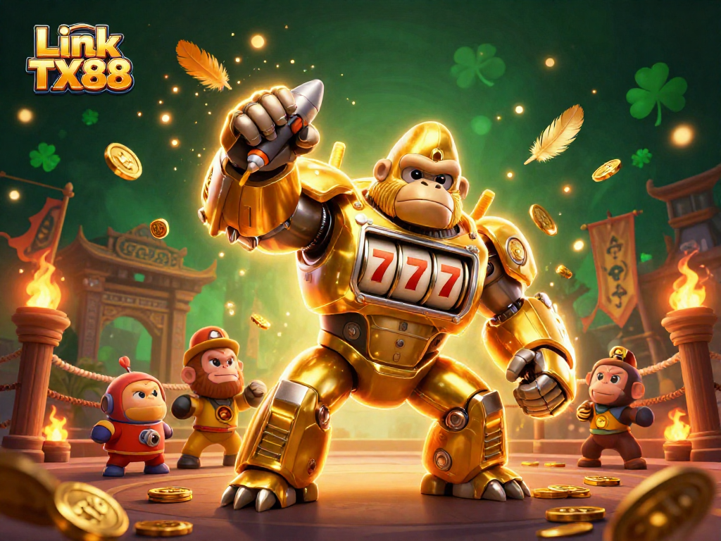 Engage in thrilling gameplay with Link TX88, featuring a vibrant 3D golden gorilla mech and casino elements.