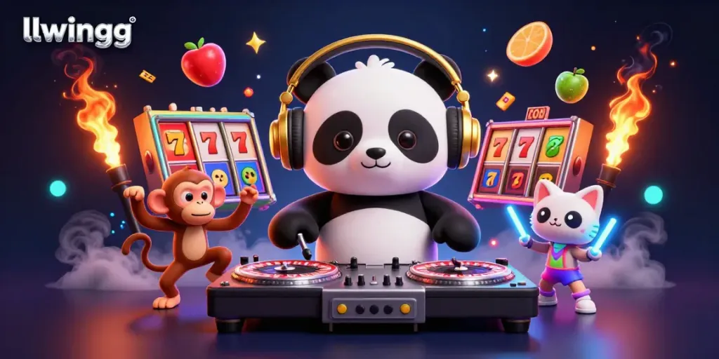 Experience thrilling slots action with LLWINGG's vibrant cartoon scene featuring a DJ panda, dancing monkey, and glowing kitten.