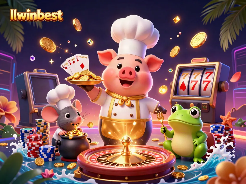 llwinbest showcases an exciting online casino scene with animated characters serving gold coins.