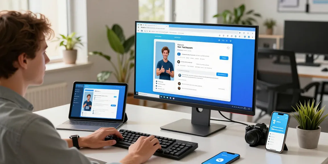 Engaging with Telegram Web Version in a modern office setup with multiple devices.