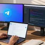 Adjusting Telegram Chinese interface settings on a modern tech workspace