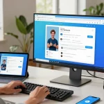Engaging with Telegram Web Version in a modern office setup with multiple devices.