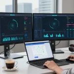 快连用户在现代办公室内专注于网络优化，显示实时性能数据。
